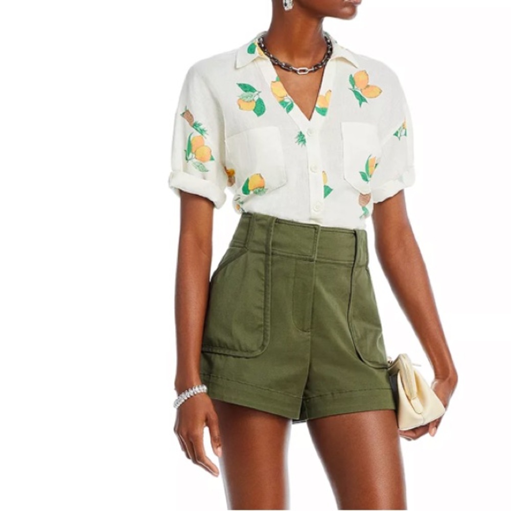Aqua Lemon Orange Pineapple Fruit Print Cropped Buttondown Blouse Size XS